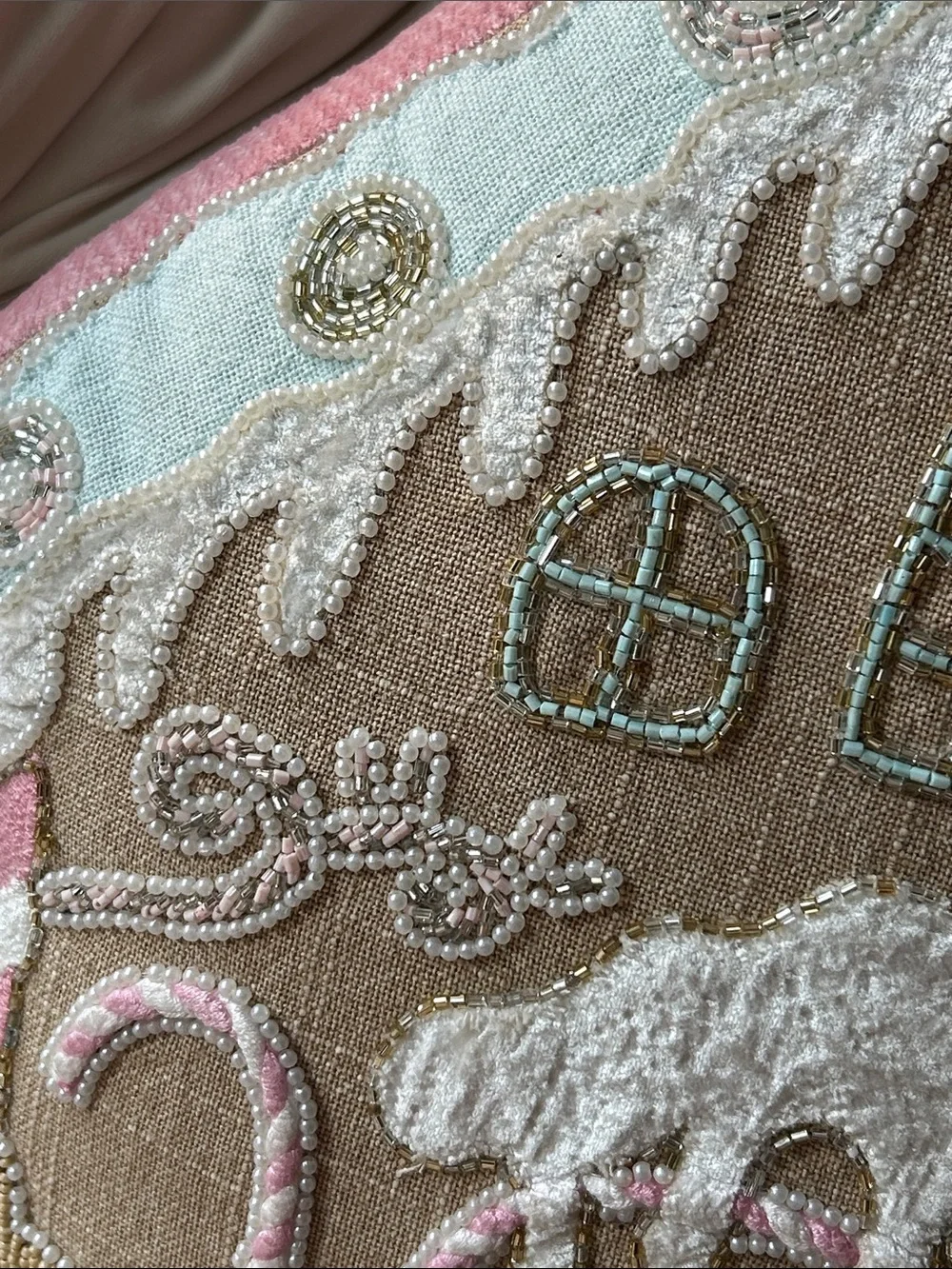 NEW! Christmas Holiday Pink Candy Shoppe Gingerbread House Beaded Throw Pillow